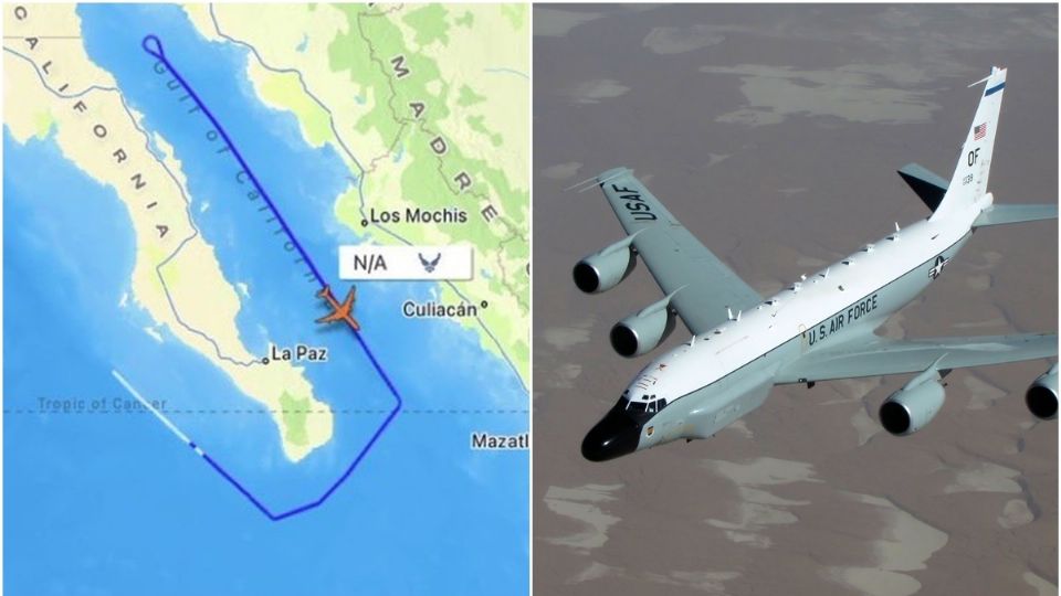 A la izquierda imagen tomada de redes sociales y a la derecha imagen del Boeing RC-135V Rivet Joint, tomada de la página de la Fuerza Aérea de EU