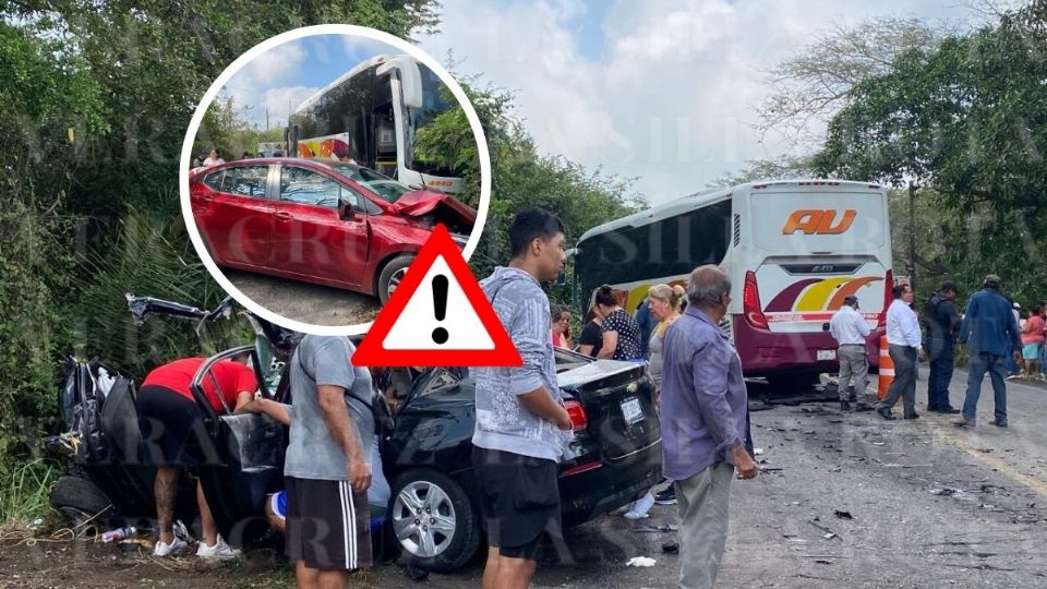 3 lesionados en choque múltiple de autobús AU en Puente Jula, Veracruz