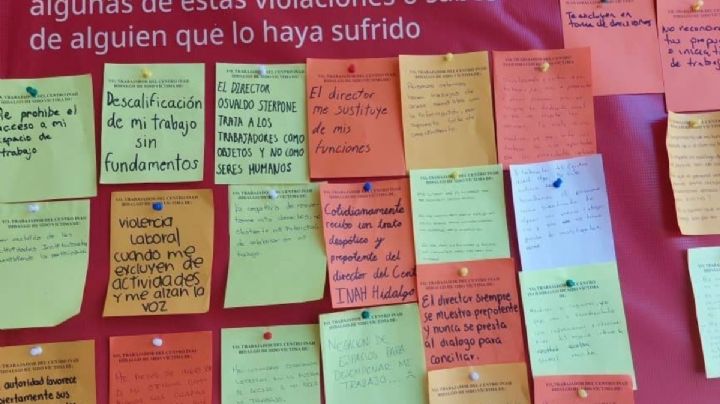 En Hidalgo, trabajadores del INAH exhiben violencia laboral en tendedero de denuncia