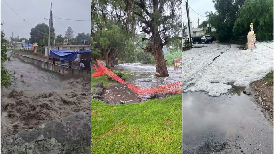 De izquierda a derecha, los ríos desbordados en Alfajayucan, Chilcuautla y Tezontepec de Aldama