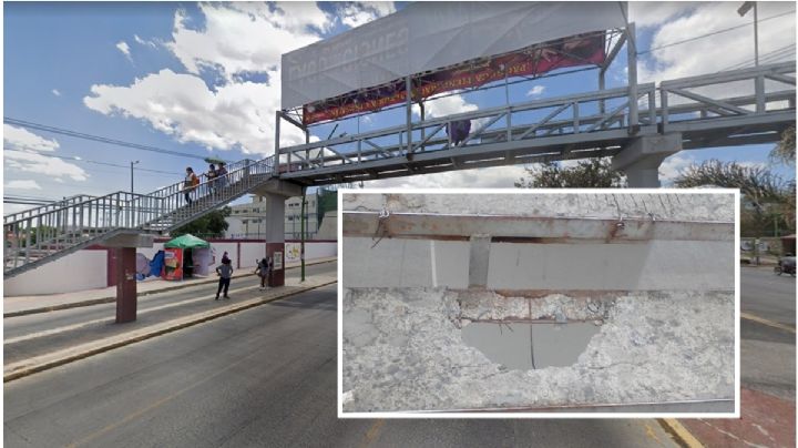 Denuncian puente peatonal en Pachuca con enormes hoyos; ya hubo una caída