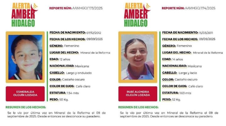 Las hermanas Esmeralda y Rubí están desaparecidas en Mineral de la Reforma desde el 9 de septiembre