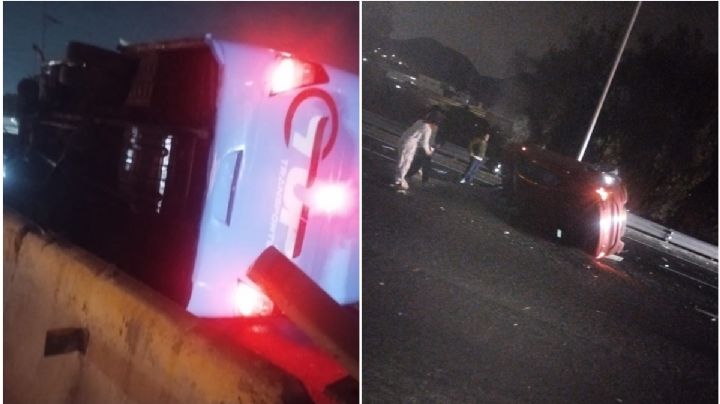 Choca autobús de pasajeros en la México-Pachuca, provoca volcadura de auto