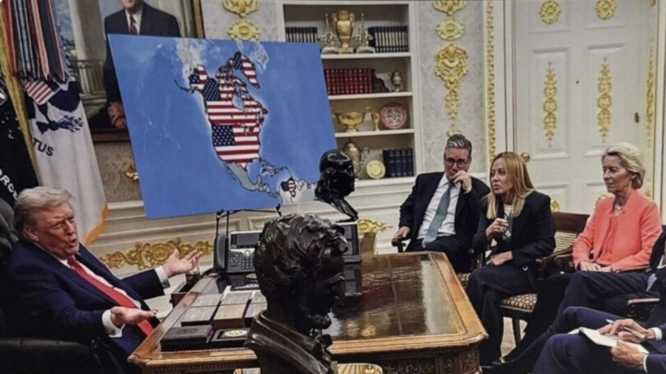 Posteo de Trump con imagen que incluye a Groenlandia, Canadpa y Venezuela como parte de EU, creada con Inteligencia Artificial