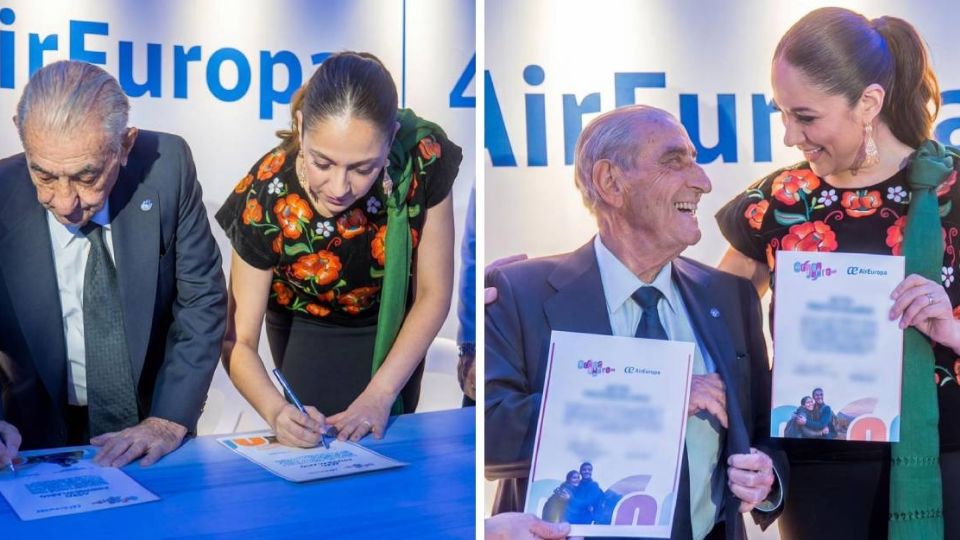 Libia Dennise García y directivos de AirEuropa firman el convenio para conectar a León con la capital de España, para fortalecer el turismo.