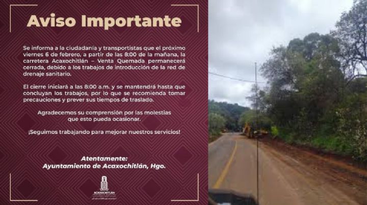 Cierran carretera Acaxochitlán–Venta Quemada por obras