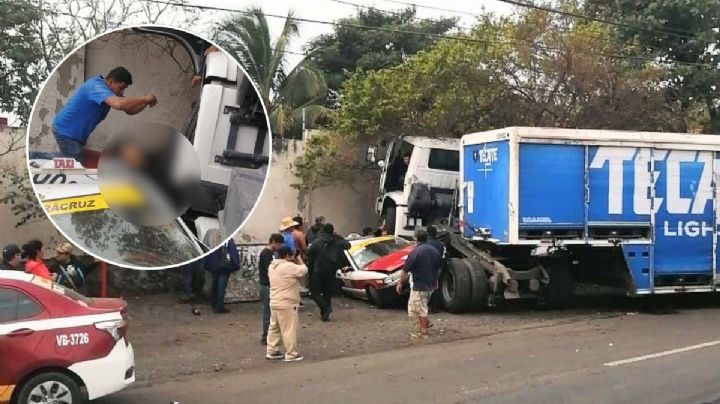 Carambola deja 3 lesionados en Las Bajadas, en Veracruz; taxista queda prensado por camión
