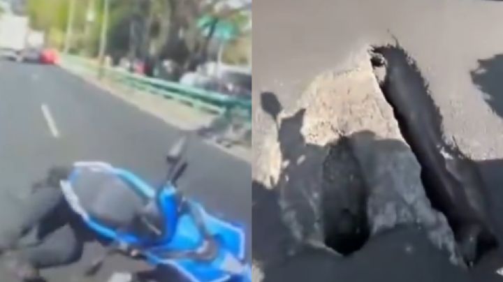 Video del momento exacto en el que motociclista cae en bache en Viaducto Tlalpan