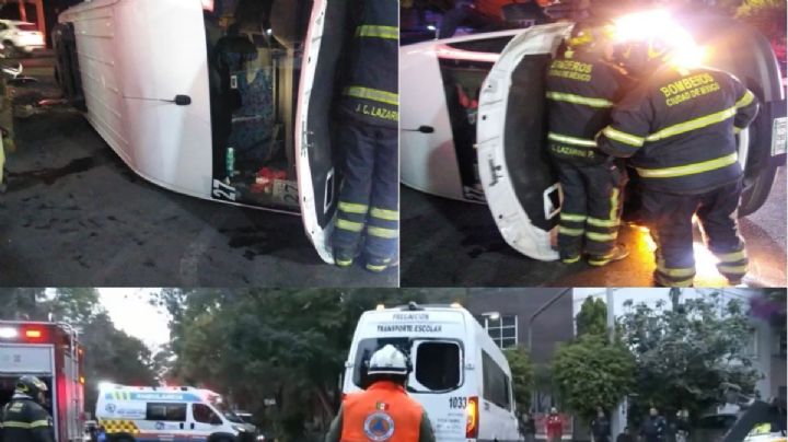 Vuelca camioneta de transporte escolar en la alcaldía Benito Juárez