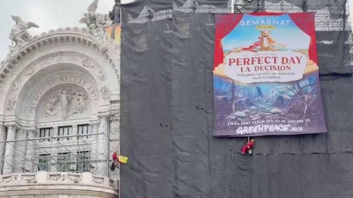 Greenpeace coloca manta en Bellas Artes en protesta contra proyecto de turismo en Riviera Maya