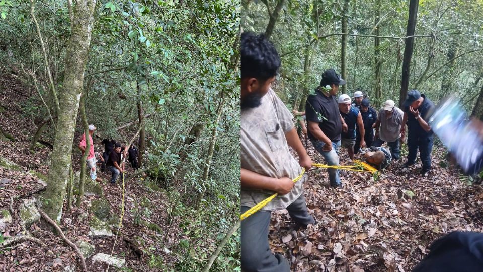 Elementos de Protección Civil, Seguridad Pública Municipal y vecinos del sector sumaron esfuerzos para realizar complicadas maniobras de rescate en camilla debido a lo irregular del terreno.