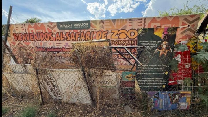 Malla metálica del Zoológico de León con aguajeros, con lonas viejas y hasta ladeada