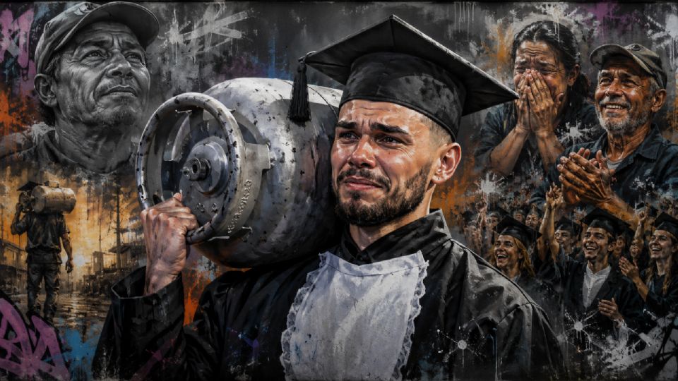 El sudor de papá no se esconde: se graduó con el tanque de gas que le pagó todo