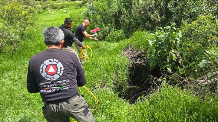 Rescatan a lomito que cayó dentro de una fosa séptica en Omitlán