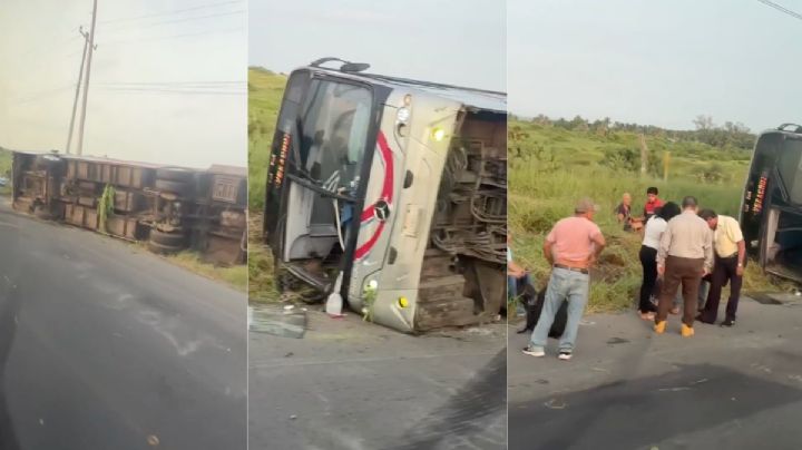 Vuelca autobús de pasajeros Los Tuxtlas en carretera de Alvarado, hoy 30 de julio