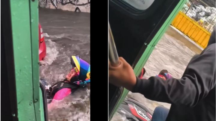 "Te va a llevar la corriente", así ayudaron desde microbús a motociclista arrastrada por lluvias